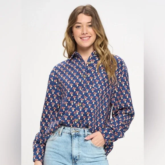 SM Wardrone Mushroom All Over Print Button Down Corduroy Long Sleeve Top Small - Picture 1 of 9